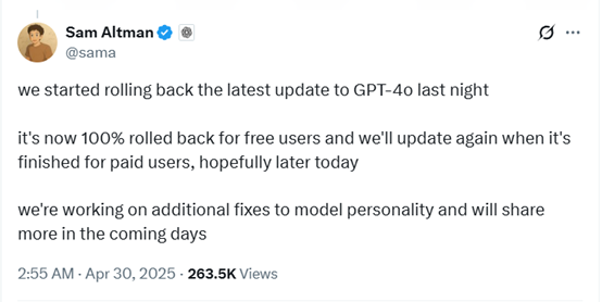 OpenAI紧急修复GPT-4o献媚问题,已回滚到老版本插图 OpenAI紧急修复GPT-4o献媚问题,已回滚到老版本插图